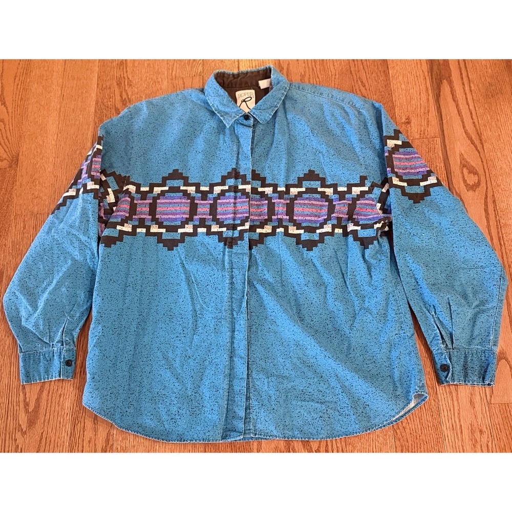 Vintage Roper Bright Turquoise Western Aztec Shirt USA Made - XL